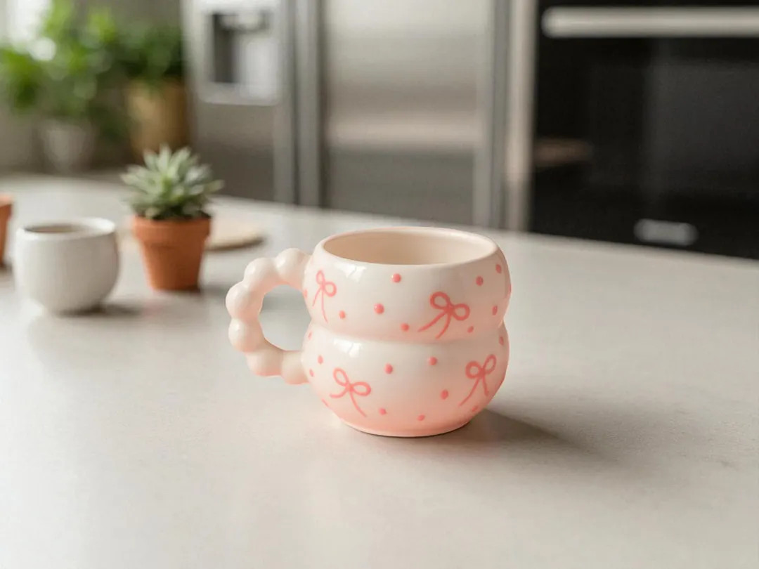 Handmade Pink Bow Embossed Ceramic Mug with Beaded Handle | 250 ml | Etsy (US)