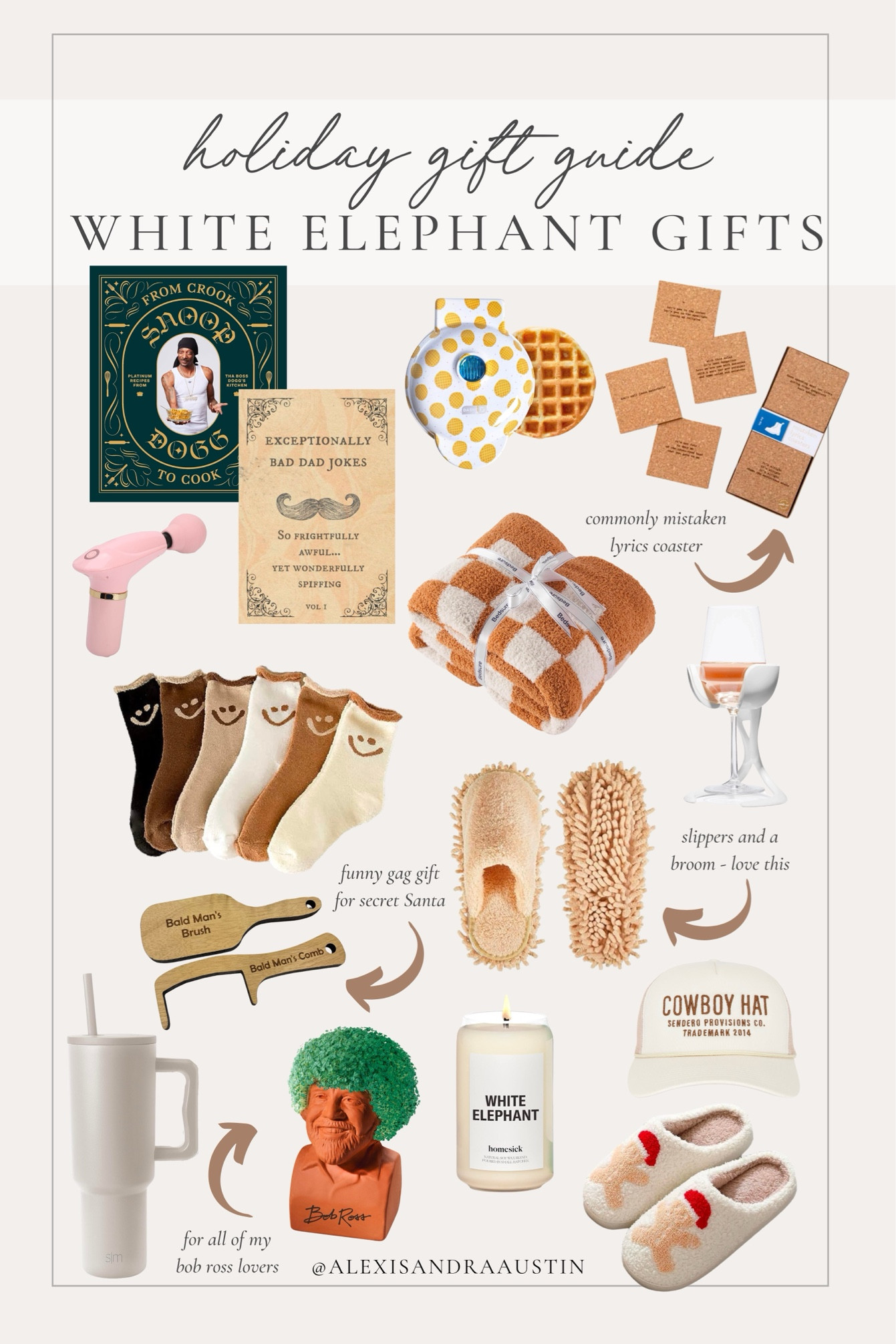 Holiday gift guide for white elephant gifts! An easy guide fit for secret Santa parties and those that are hard to shop for.

Holiday gift guide, White Elephant, funny gifts, cozy gifts, neutral aesthetic, book finds, slipper finds, wine chiller, massage gun, gag gift, tumbler, chia pet, Uncommon Goods, found it on Amazon, funny gifting, Etsy, sock finds, waffle maker, recipe book, shop the look!

#LTKSeasonal #LTKGiftGuide #LTKHoliday
