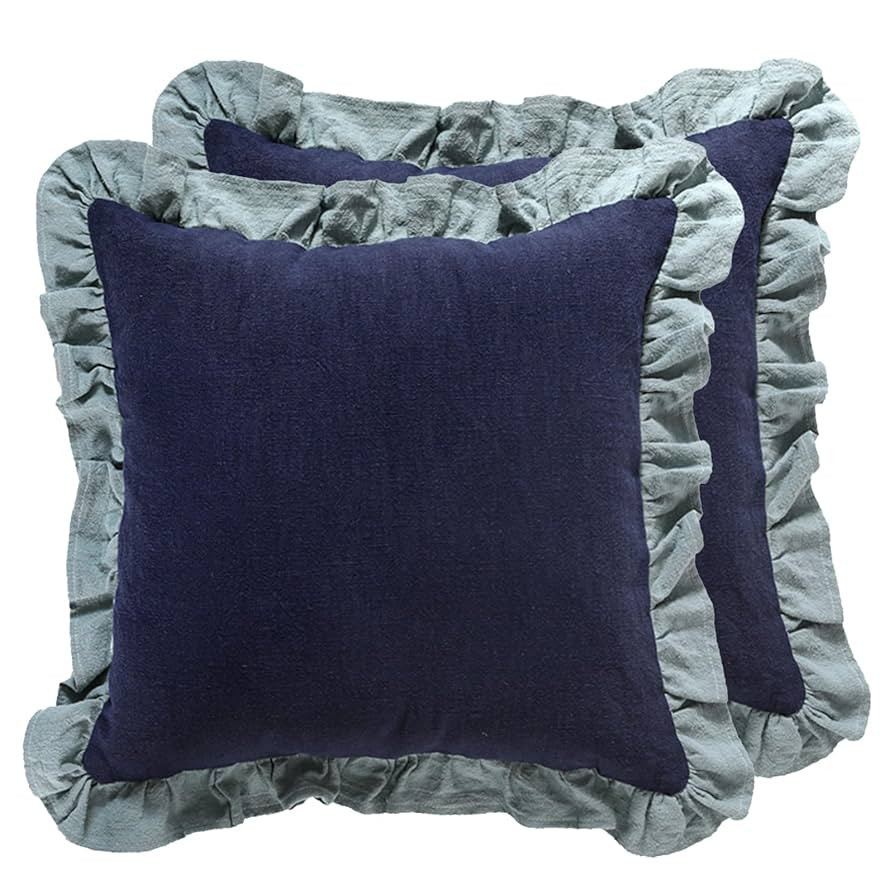 patdrea Blue Shabby Chic Decorative Throw Pillow Covers 18x18 Set of 2,Farmhouse Linen Pillow Cov... | Amazon (US)