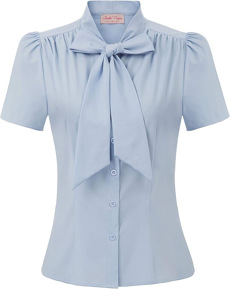 Belle Poque Summer Short Sleeve Office Button Down Blouse Stripe Shirt Tops with Bow Tie BP573 | Amazon (US)