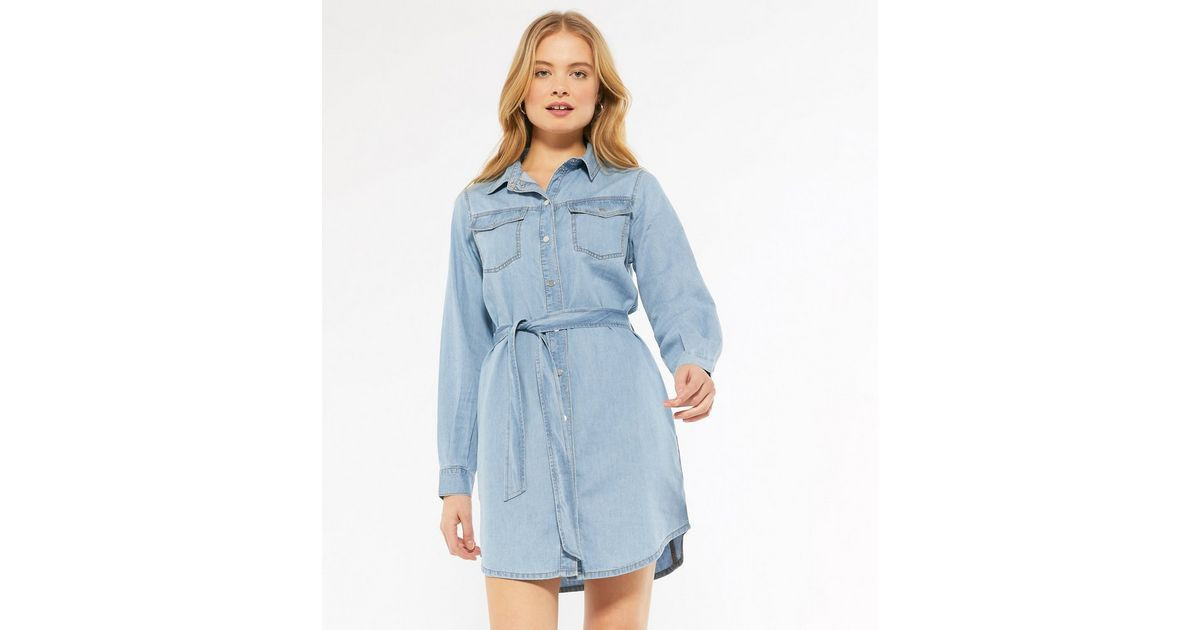 Blue Light Wash Denim Long Sleeve Shirt Dress 
						
						Add to Saved Items
						Remove from ... | New Look (UK)
