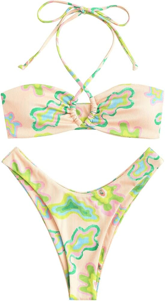 ZAFUL Women's Tie Dye Ribbed O Ring Lace Up Tie Side Bandeau Bikini Set Swimsuit | Amazon (US)