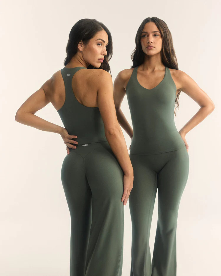 SoftMotion™ Racer Back Vest with Built in Bra Shelf with White Logo 
 Dark Khaki | Oner Active (UK / US)