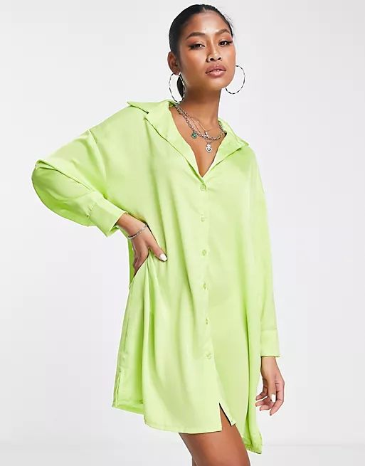 I Saw It First oversized satin shirt dress in lime | ASOS | ASOS (Global)