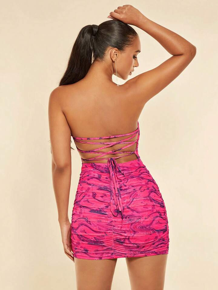 SHEIN BAE Marble Print Lace Up Backless Tube Bodycon Dress | SHEIN