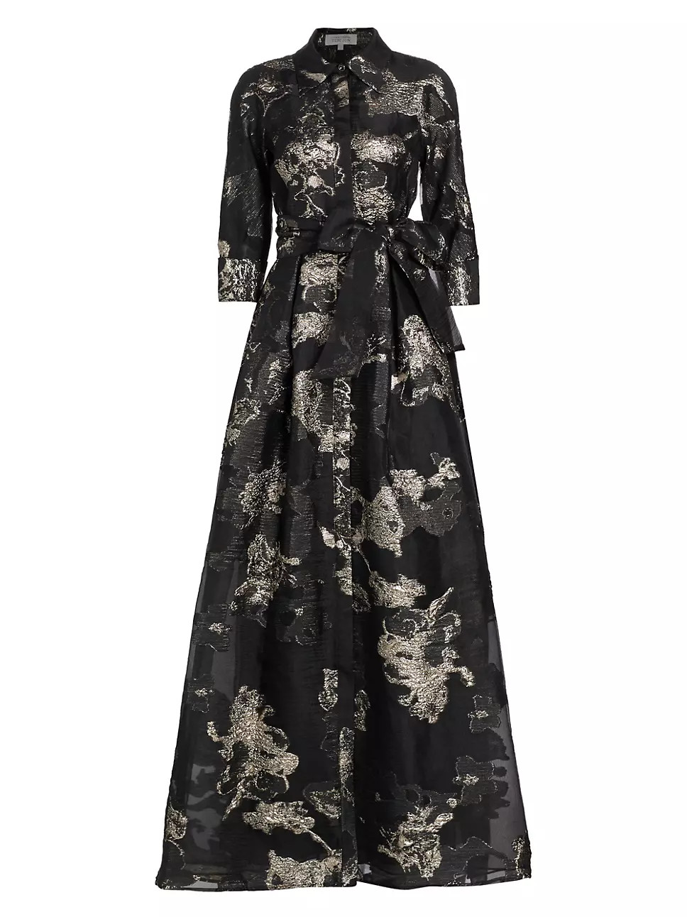 Teri Jon by Rickie Freeman Metallic Jacquard Tie-Waist Gown | Saks Fifth Avenue