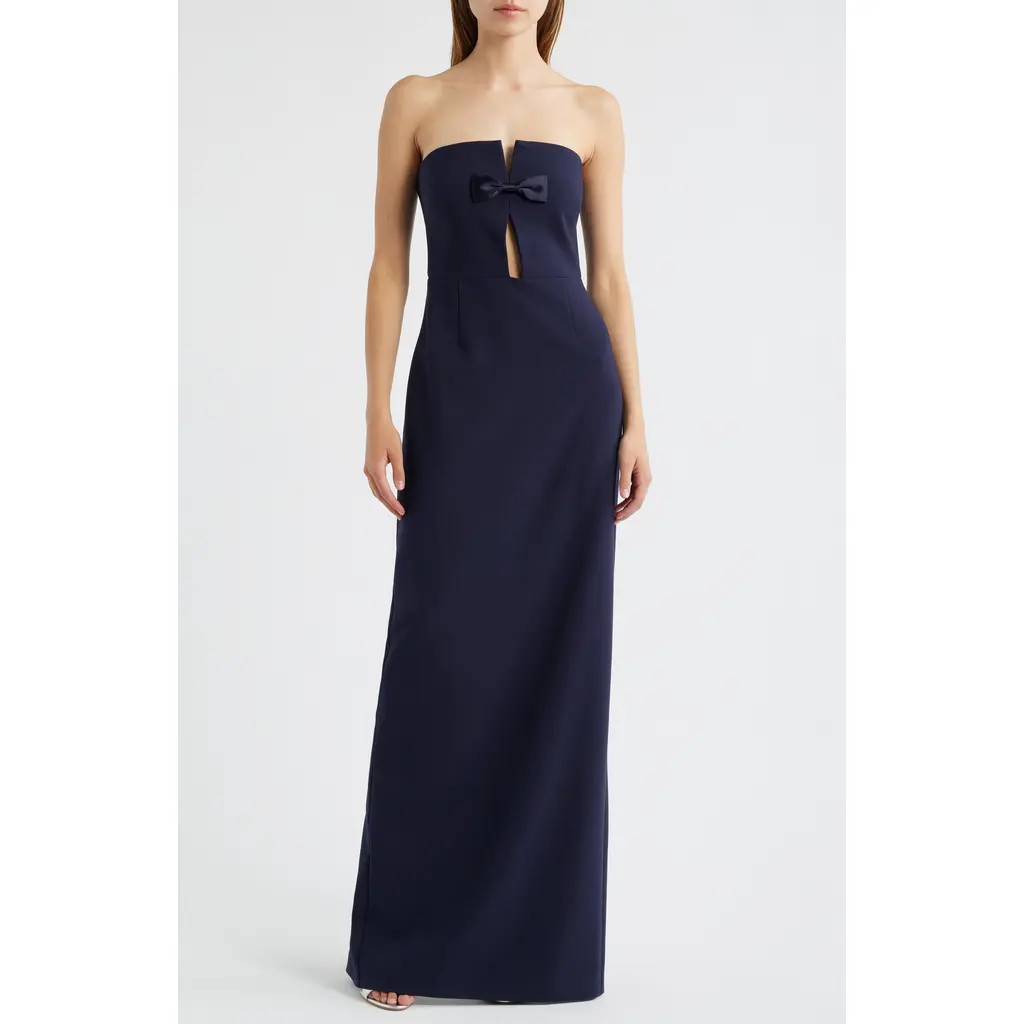 LIKELY Fallon Satin Bow Cutout Strapless Sheath Gown in Navy at Nordstrom, Size 8 | Nordstrom