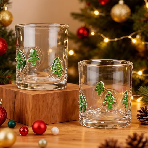 Leafory 2 Pcs Handmade Christmas Tree Icon Juice Glass Cup, 14 oz Double Old Fashioned Stemless Wine Cocktail Drinking Glass Cup for Holiday Party Supplies Xmas Gifts | Amazon (US)