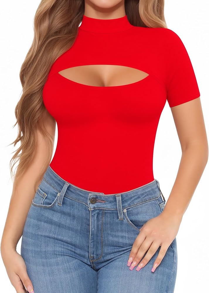 ALGALAROUND Short Long Sleeve Shirts for Women Basic Mock Turtle Neck Cut Out Tops Going Out T-Sh... | Amazon (US)