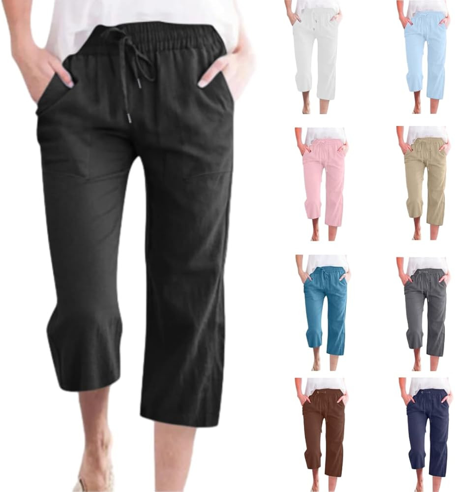 Cotton Linen Capri Pants for Women Drawstring Waisted Pants Summer Trendy Casual Loose Straight W... | Amazon (US)