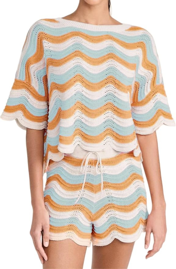 2 Piece Sets for Women Short Sleeve Striepd Crochet Cover Up Tied Shorts Beach Clothes | Amazon (US)
