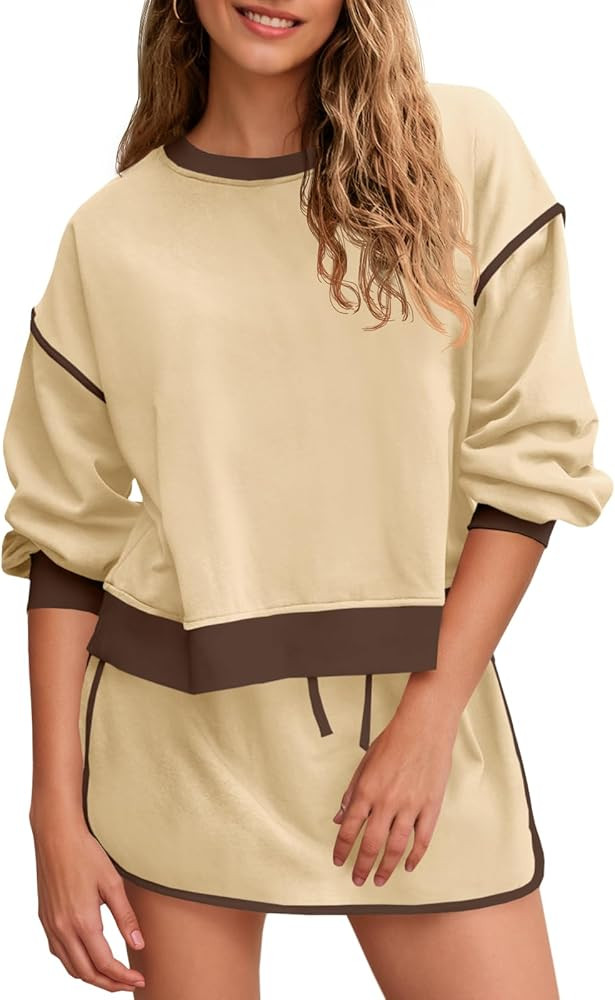 Fisoew Womens Sweatsuits 2 Piece Set Crewneck Sweatshirts High Waisted Skort Skirts Tennis Runnin... | Amazon (US)