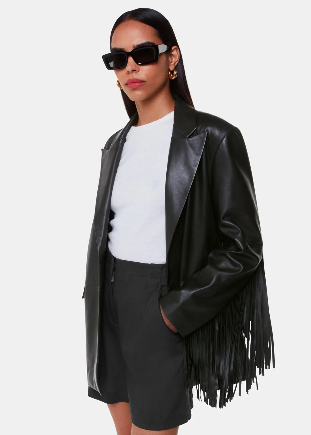 Black Gia Leather Fringed Jacket | WHISTLES | Whistles UK | | Whistles