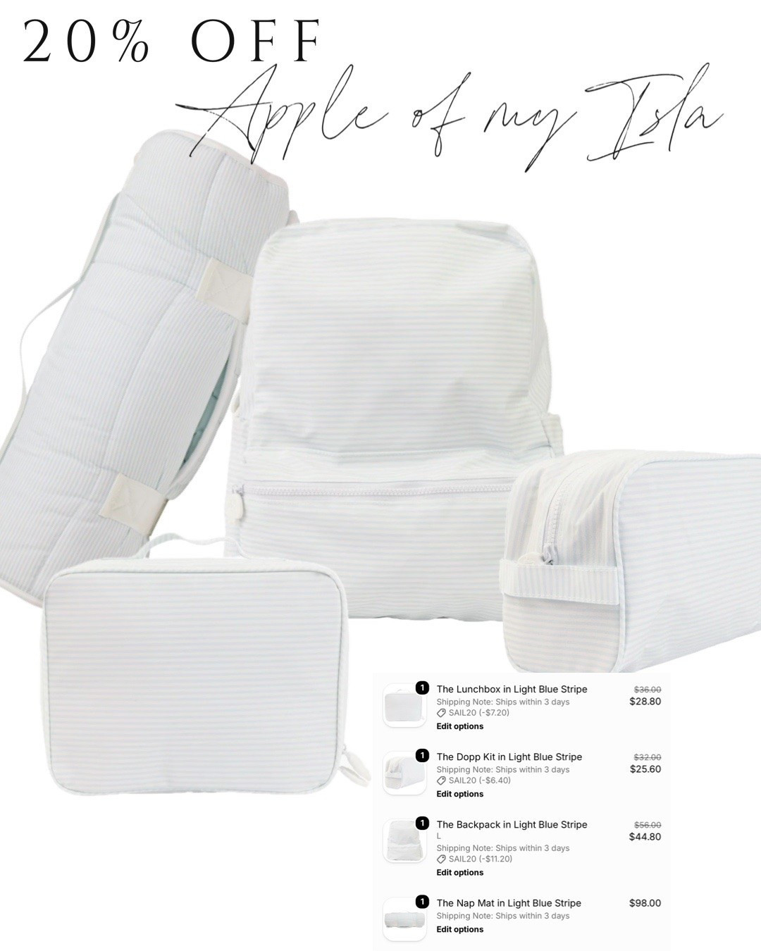 20% off Apple of my Isla! 

20% off $200+ with code SAIL20
15% off $150+ with code SETSAIL
