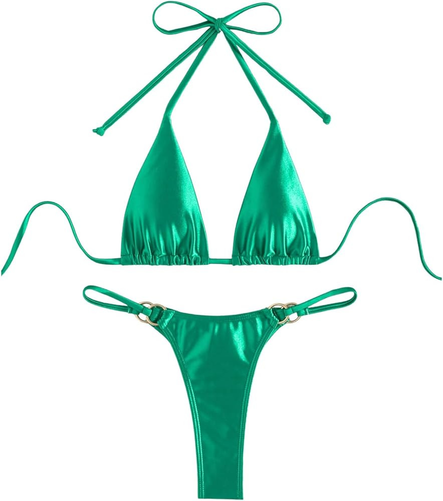 SOLY HUX Women's Metallic Bathing Suit Halter Triangle Bikini Sets Two Piece Swimsuit | Amazon (US)