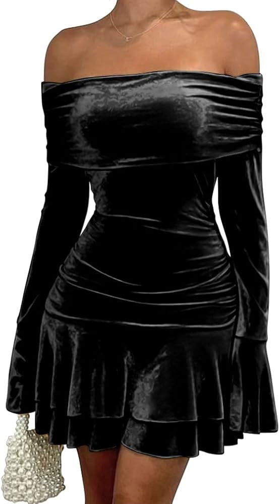 LAGSHIAN Women's Sexy Velvet Off Shoulder Long Sleeve Ruffle Hem Bodycon Ruched Cocktail Party Mi... | Amazon (US)