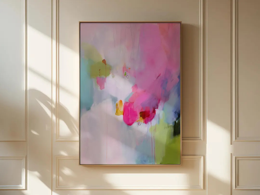 Framed Abstract Canvas Art Vertical Pink Green Painting Colorful Modern Wall Decor for Bedroom or... | Etsy (US)