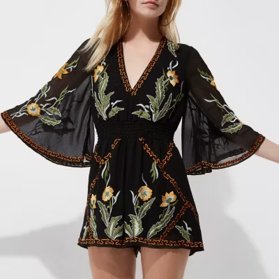 River Island Womens Petite Black embroidered kimono playsuit | River Island (UK & IE)