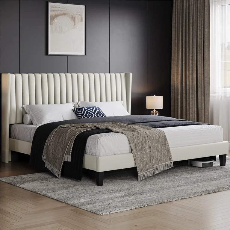 Renwick Estructura de Cama con Plataforma Tapizada con Respaldo de Ala Tamaño King, Beige | Walmart (US)