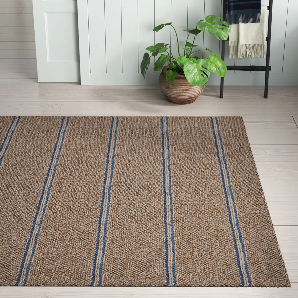 Beamond Striped Hand-Woven Jute Brown/Blue Area Rug | Wayfair North America