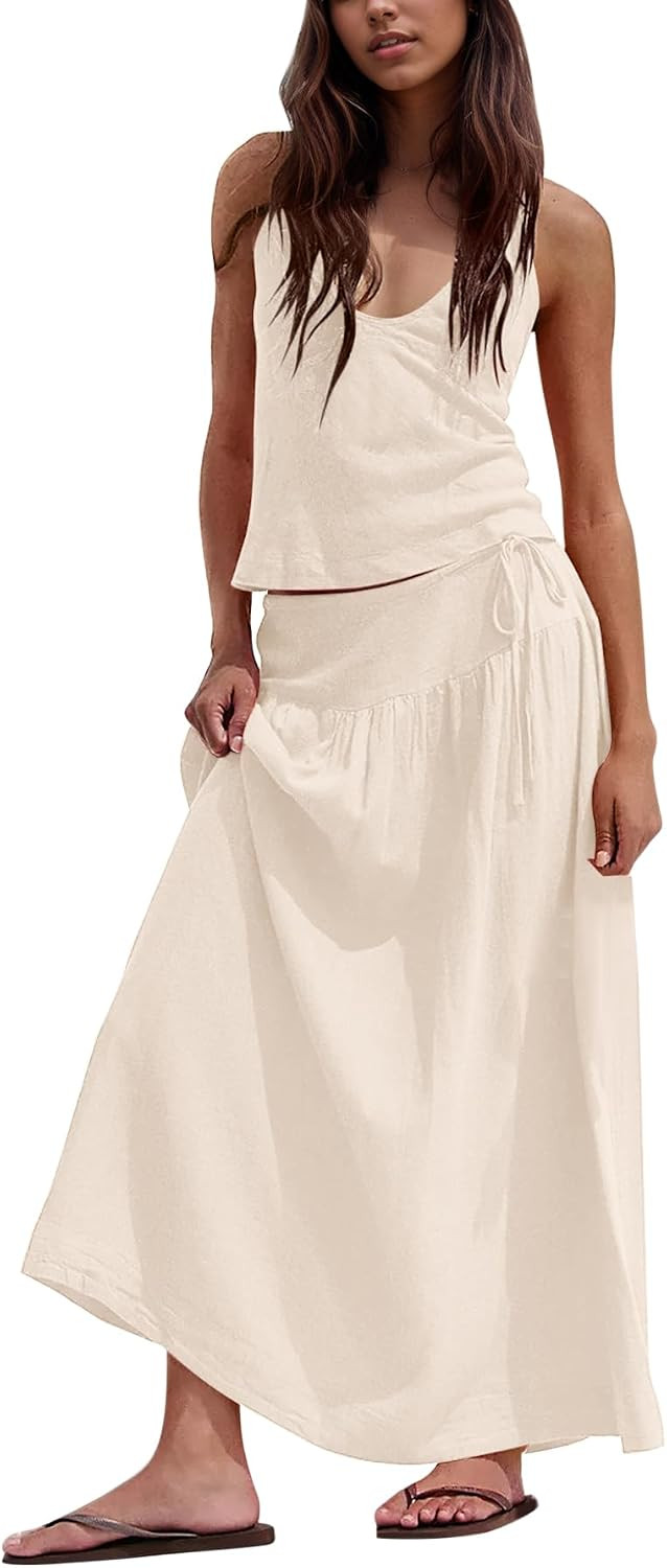 Women 2 Piece Skirt Set Summer V Neck Backless Halter Cami Crop Top and Flowy A Line Maxi Skirt Trendy Matching Sets | Amazon (US)