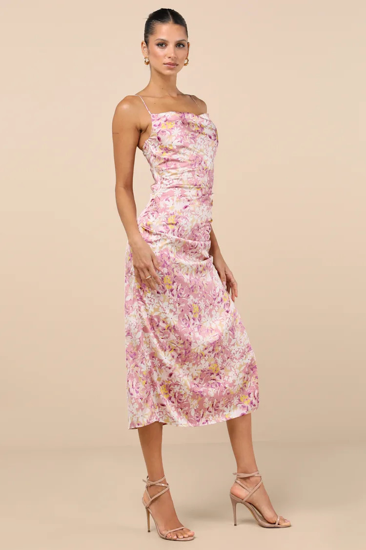 Truest Romance Pink Floral Print Sleeveless Ruched Midi Dress | Lulus