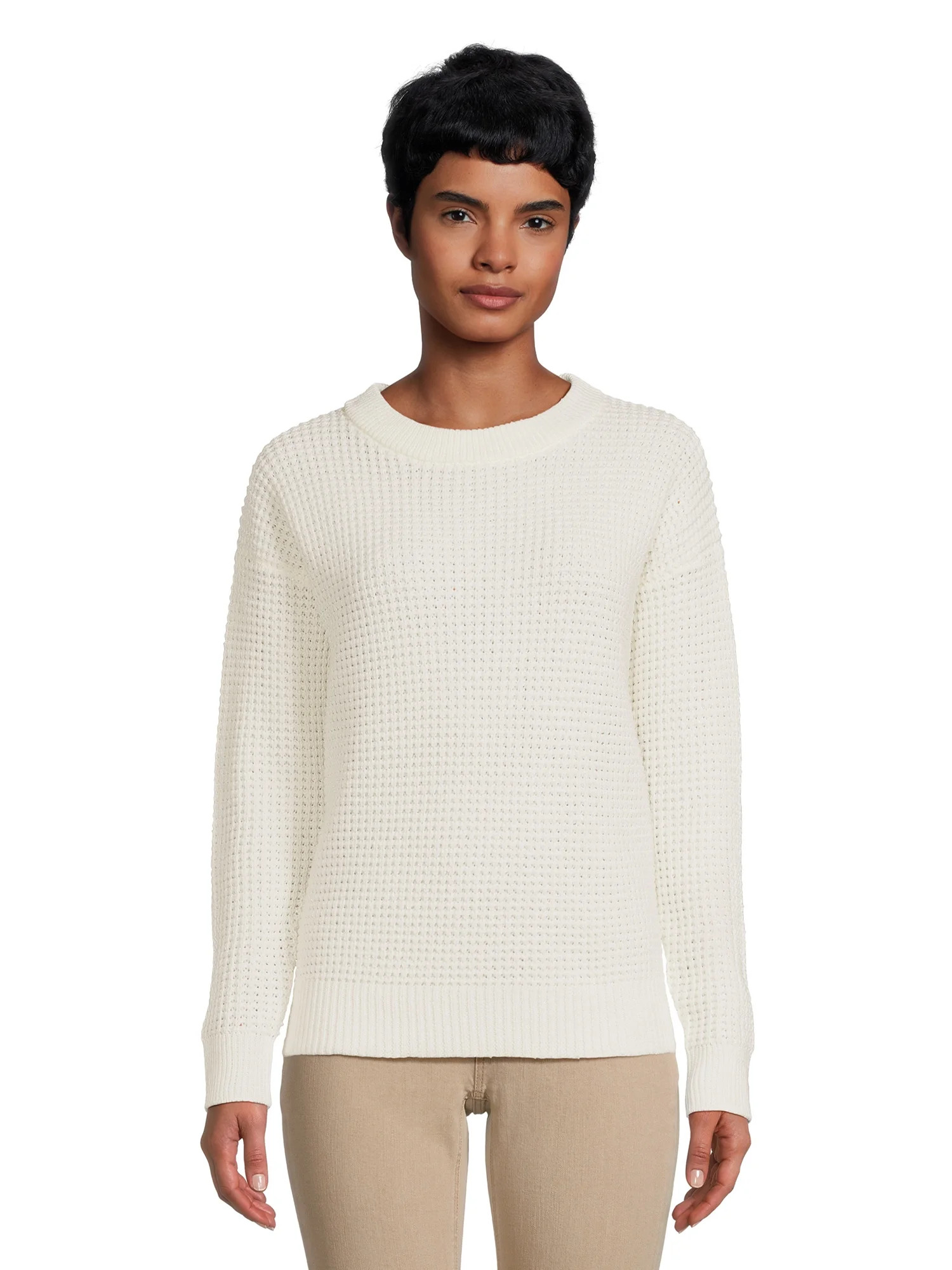 Time and Tru Women's Long Sleeve Waffle Crewneck Pullover Sweater - Walmart.com | Walmart (US)