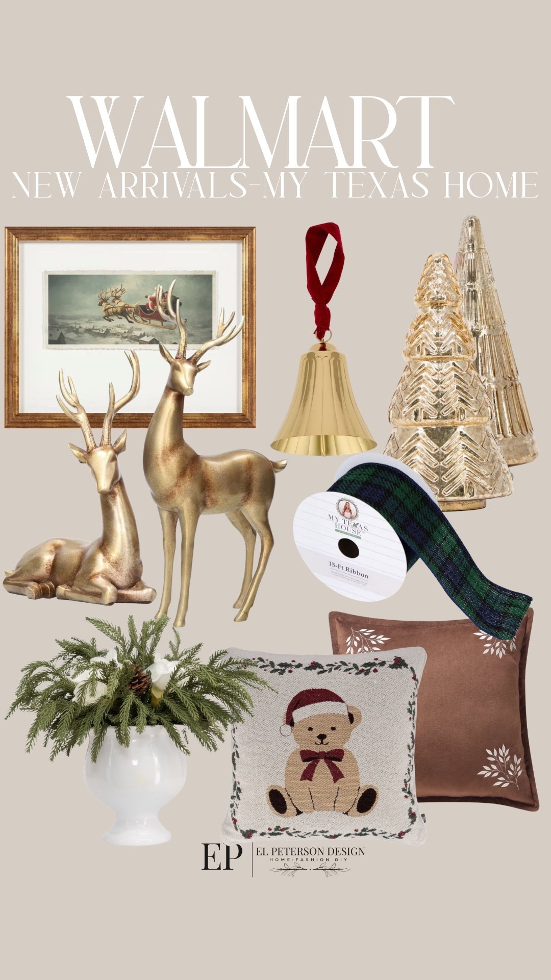Walmart
My Texas house new arrivals
Ribbon
Pillows
Artwork
Bell
Christmas potted plants
Table top deers
Table top trees

#LTKHome