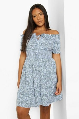 Plus Ditsy Floral Bardot Skater Dress | Boohoo.com (UK & IE)