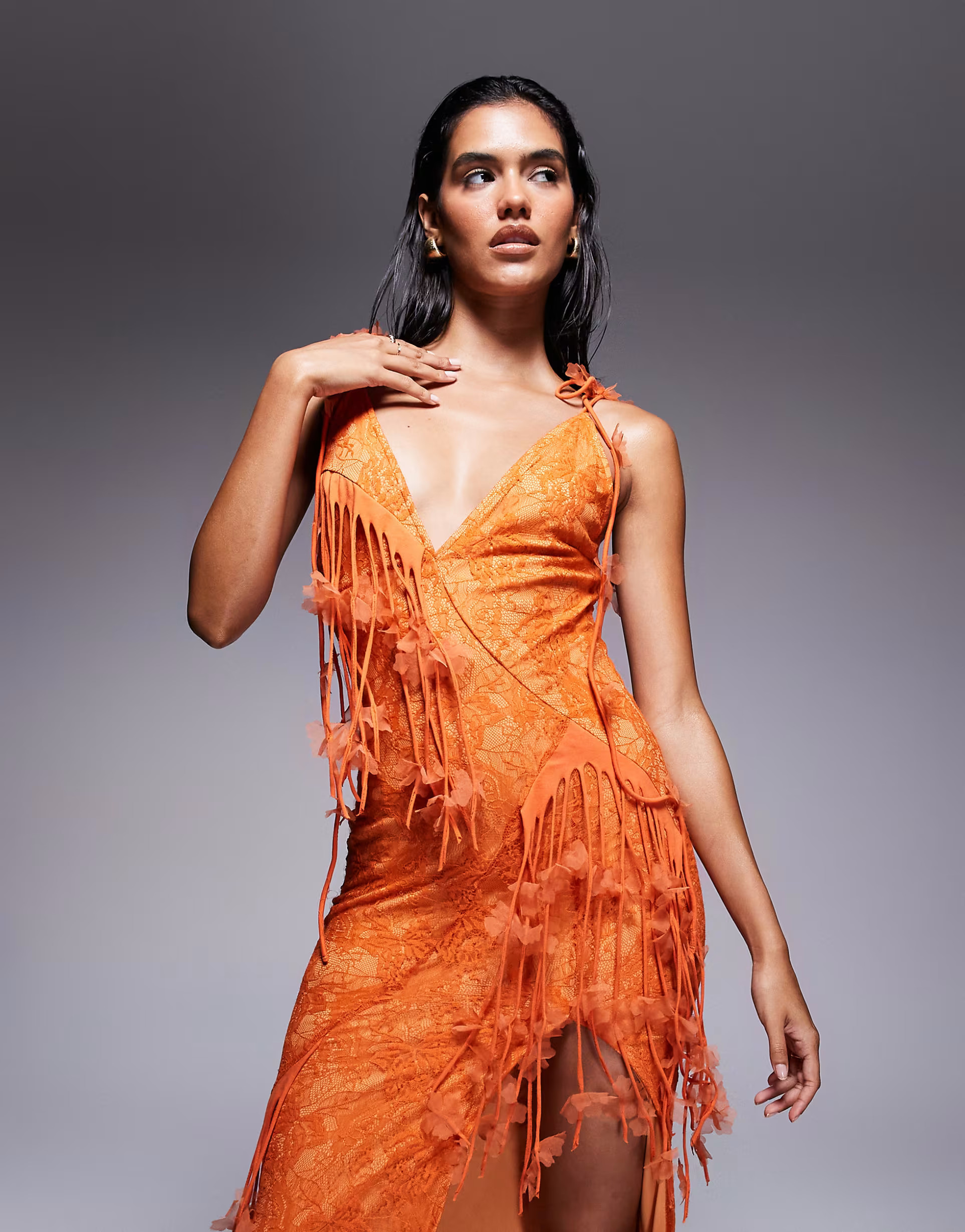 ASOS DESIGN lace plunge cami maxi dress with 3D florals and fringing in orange | ASOS (Global)