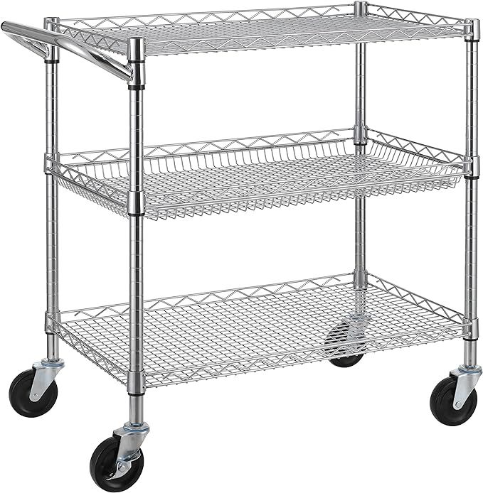 Finnhomy 3 Tier Heavy Duty Commercial Grade Utility Cart, Wire Rolling Cart with Handle Bar, Stee... | Amazon (US)