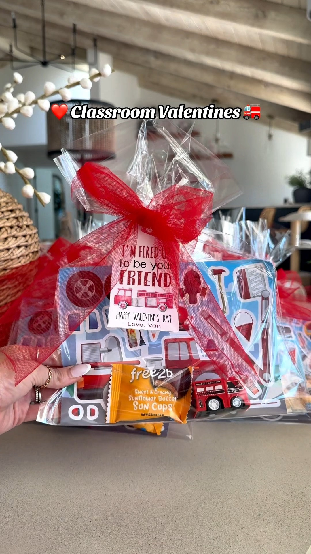 The cutest little preschool valentines! We decided on a fire truck theme and these Amazon fire truck sticker sheets and wind up cars were a must. We added them to a clear bag, added some sun butter candy cups, red tulle and a personalized gift tag from Etsy 

#LTKValentine #LTKKids #LTKmomlife