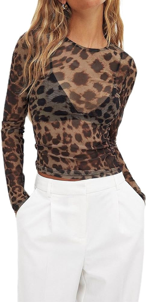 Women Sheer Leopard Print Tops Slim Fitted Long Sleeve See Through Mesh Shirts Going Out Streetwe... | Amazon (US)