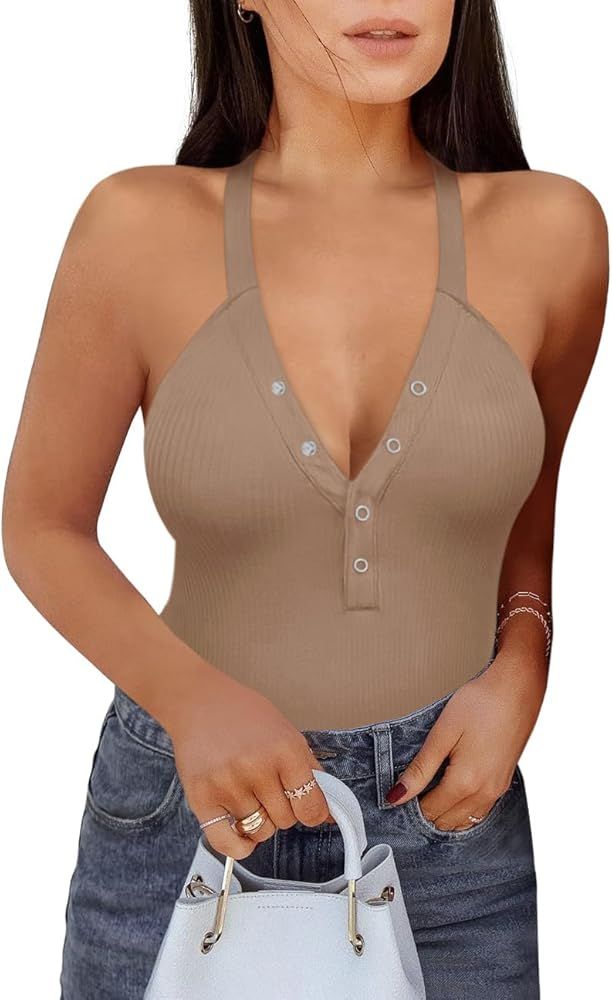 REORIA Women's Sexy Halter Neck Backless Sleeveless Button Up Going Out Ribbed Tank Top Bodysuits | Amazon (US)