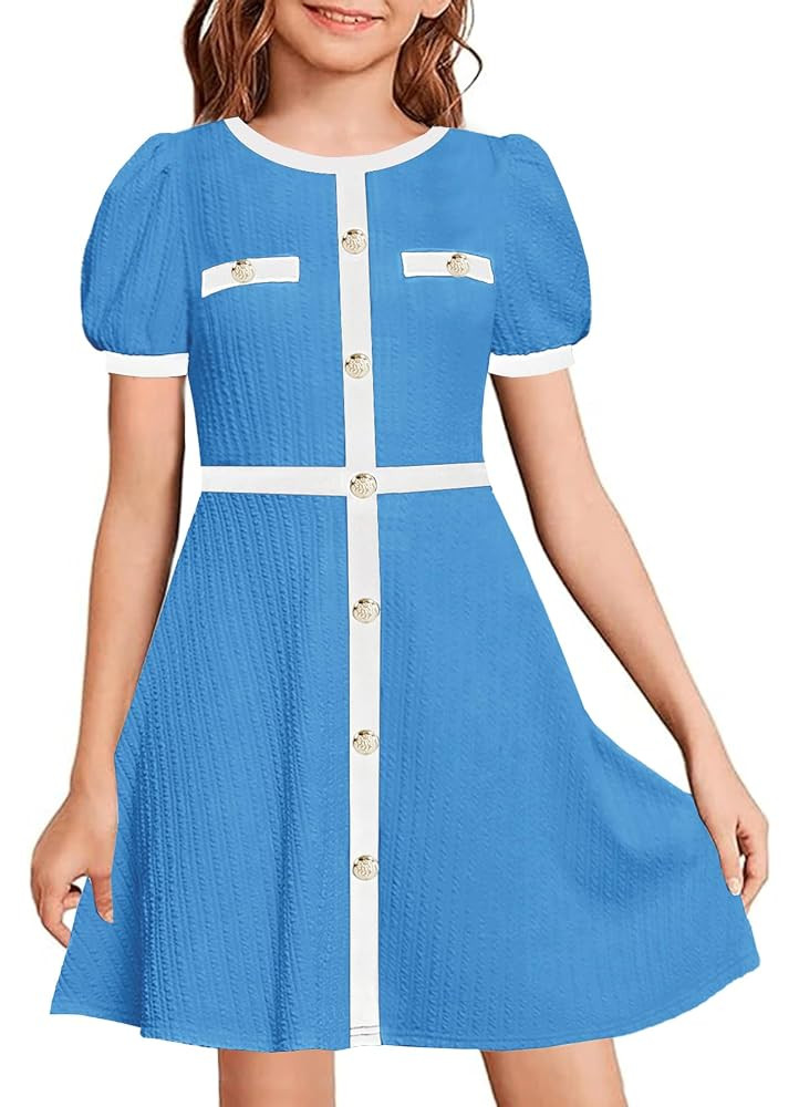 YOVION Girls Summer Dress Puff Sleeve Crewneck Button Color Block Casual Party Dresses with Pocke... | Amazon (US)