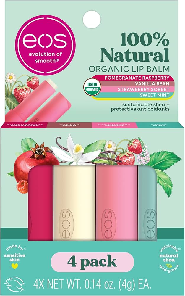 eos 100% Natural & Organic Lip Balm Sticks- Strawberry Sorbet, Vanilla Bean, Sweet Mint & Pomegra... | Amazon (US)