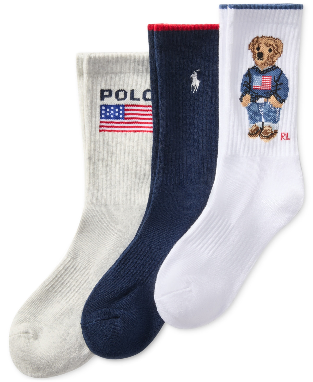 Polo Ralph Lauren Women's 3-Pk. Core Flag Bear Crew Socks - White/assorted | Macy's