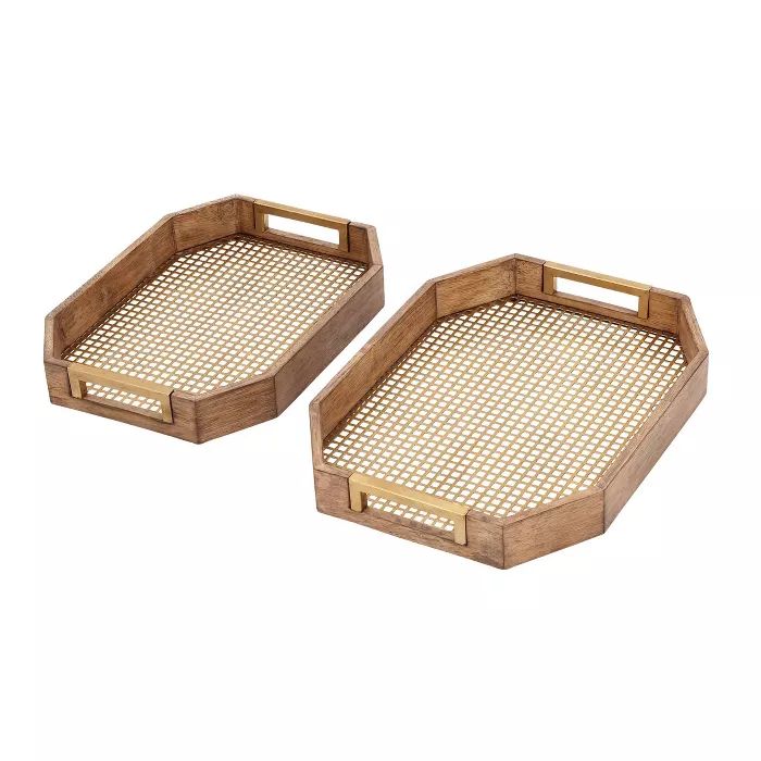 Set of 2 Traditional Octagon Wood and Metal Serving Trays Brown - Olivia & May | Target