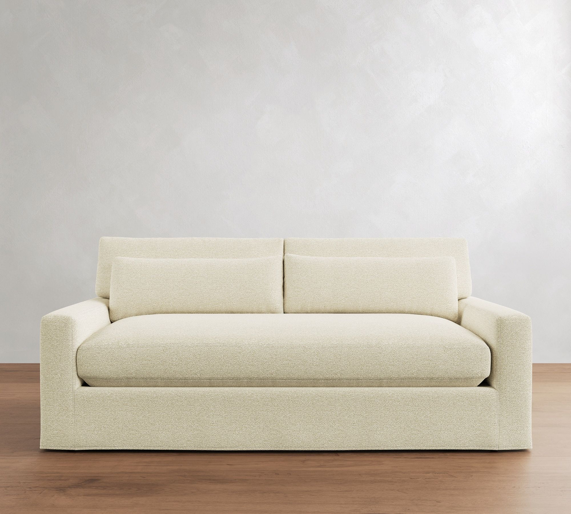 Our pottery barn slip covered sofa! 87” Down blend bench cushion, in midland performance tweed - oatmeal! #couchrec