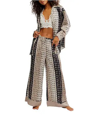 Free People Dreamy Days Allover Geo Striped Print Satin Notch Collar Long Sleeve Wide Leg Oversiz... | Dillard's