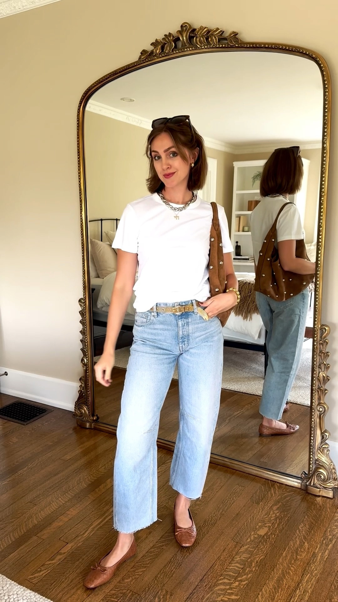 White tee // barrel leg jeans // wide leg jeans // high rise // gold belt // studded bag // tts 

#LTKFindsUnder50 #LTKShoeCrush #LTKSeasonal