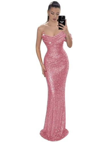 Mermaid Prom Dresses for Women Sparkly Sequin Dusty Pink Prom Dress Long Off Shoulder Backless Formal Gowns US14 BOF368 | Amazon (US)