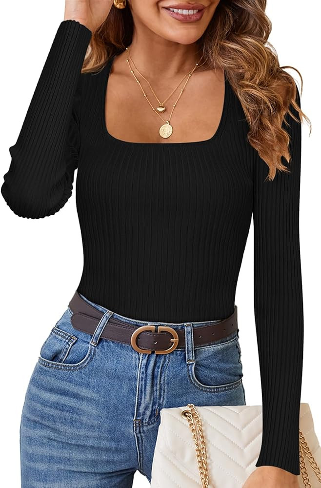MEROKEETY Women's 2024 Square Neck Long Sleeve T Shirts Slim Fitted Ribbed Knit Casual Tee Tops | Amazon (US)