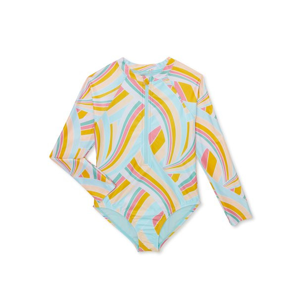 Wonder Nation Girl's Long Sleeve Front Zip Swimsuit, 1-Piece, Sizes 4-18 & Plus | Walmart (US)