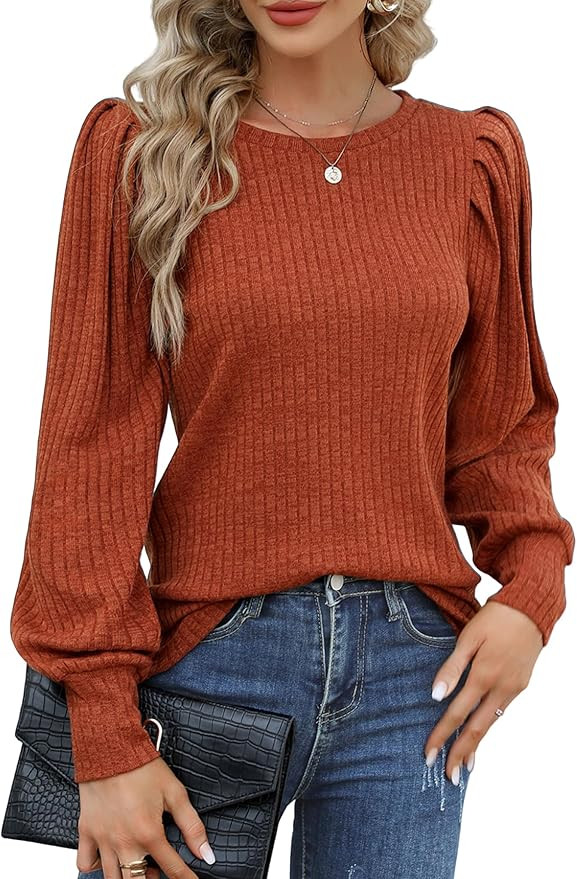 HOTOUCH Women's Knit Blouse Soft Puff Long Sleeve Shirt Tops Lightweight Round Neck Pullover Swea... | Amazon (US)
