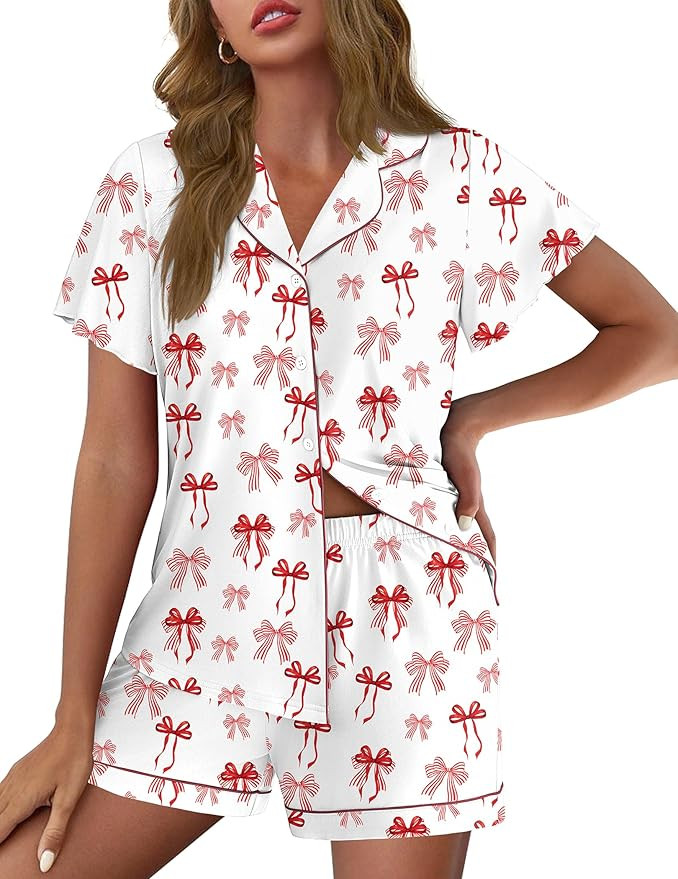 Ekouaer Pajamas for Women Set Button Up Pjs Short Sleeve Ruffle Sleepwear Notch Collar Bride Soft... | Amazon (US)