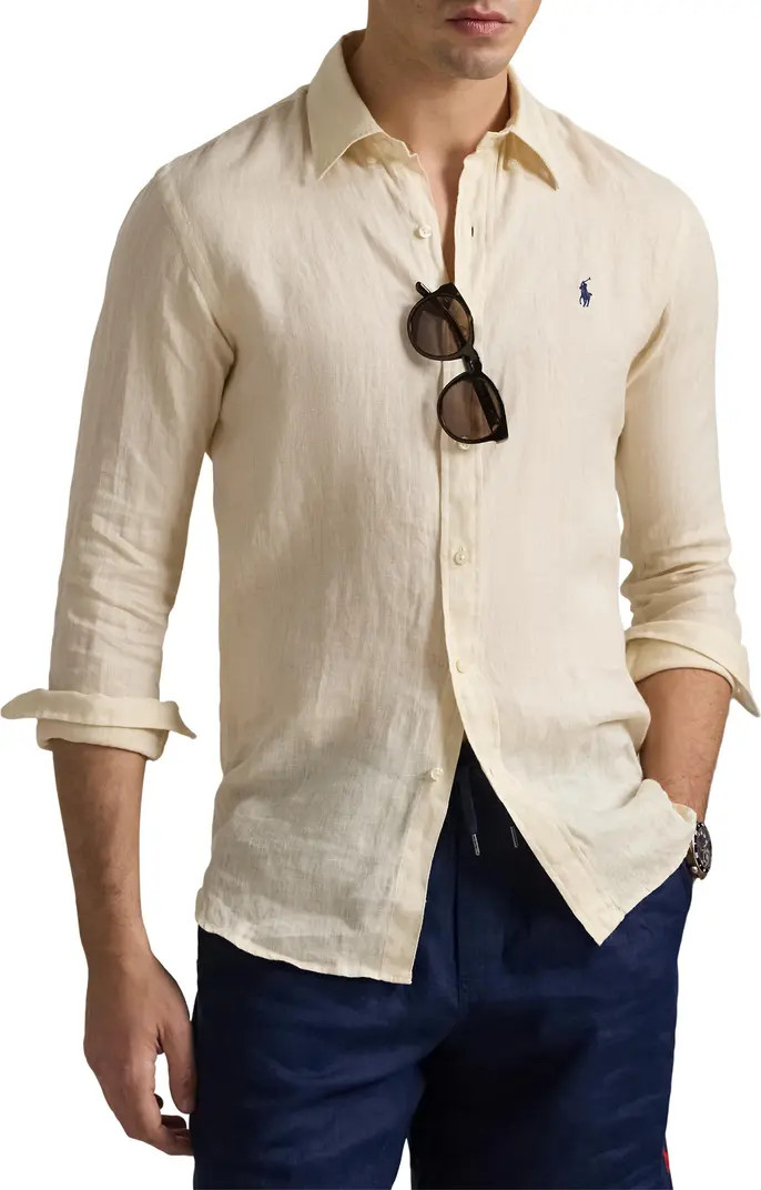Classic Fit Solid Tan Linen Button-Down Shirt | Nordstrom