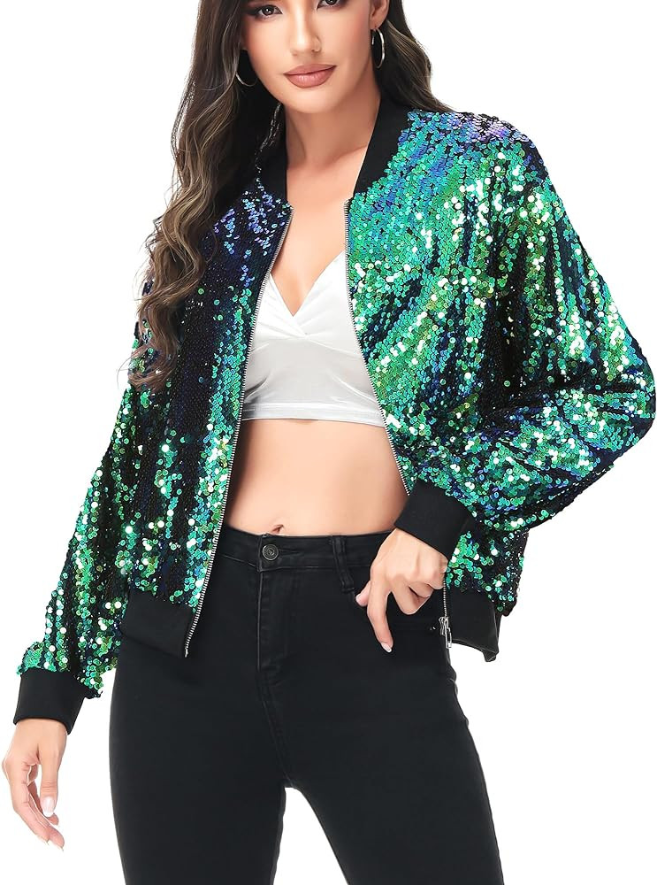 Anna-Kaci Womens Sequin Jacket Bomber Coat 1989 Slitter Outfit Sequin Blazer Sequin Outfits Top | Amazon (US)