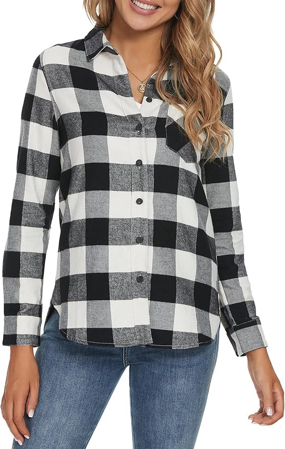 Flannel Plaid Cotton Shirt for Women Long Sleeve Button Down Casual Blouse | Amazon (US)