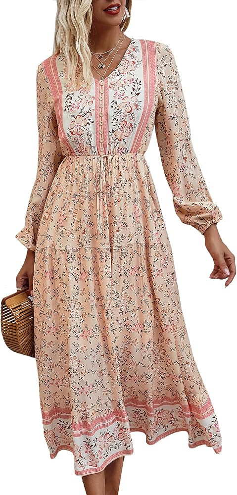 Angashion Women's Dresses Floral Adjustable Spaghetti Strap V Neck Boho Long Maxi Dress Summer Beach | Amazon (US)